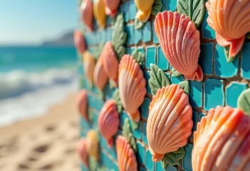 vibrant clam shells blue tiles colorful arrangement ocean shells decorative pattern, ornament, marine, texture, aquatic, shellfish, nature, pearl, coastal