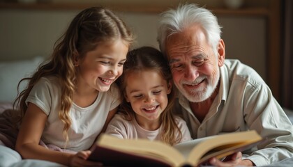 Happy grandfather, two granddaughters read book together. Smiling girls, senior man laughing, enjoying family time. Family love, leisure, bonding. Child care, home comfort, fun, happiness, peaceful