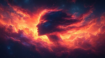 Fototapeta premium A mesmerizing abstract portrait of a woman's face formed from swirling clouds of fire. The background is a deep blue with twinkling stars, creating a sense of cosmic wonder and power.
