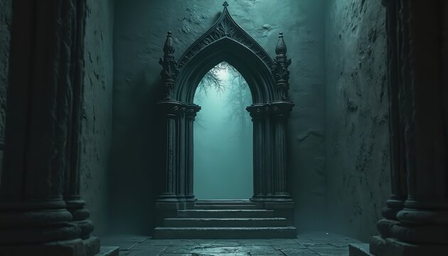 Gothic arch window leads to foggy forest scene. Medieval cathedral architecture with gothic style. Dark moody aesthetic, creates mysterious atmosphere. Ancient building concept, old stone texture.
