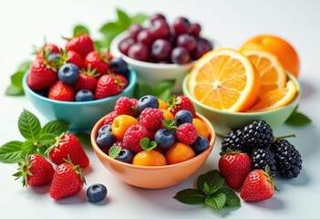 vibrant collection colorful fruits vegetables stylish geometric bowls displaying rich textures varied colors, corn, apple, banana, carrot, tomato, pepper