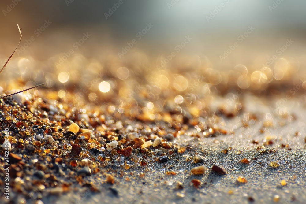 Poster macro view of sand grains illuminated by warm morning light revealing intricate details and soft foc