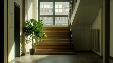 Obraz premium Sunlight Bathed Empty School Corridor With Wooden Staircase And Plant
