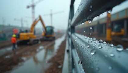 Raindrops collect on metal railing at construction site. Heavy machinery, excavators, workers, rain on cloudy day. Construction, building process, infrastructure labor. Focus on rain water drops