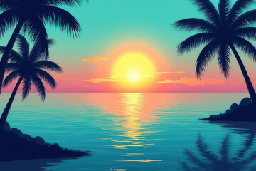 Fototapeta premium Modern Abstract Sunset: Tropical Island Silhouette, Serene Turquoise Sea, Pastel Sun Glowing Faintly