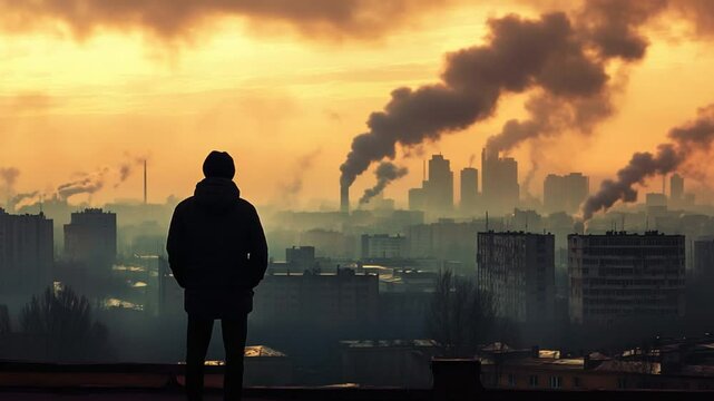 A contemplative man observes the vast cityscape with heavy pollution and industrial activity