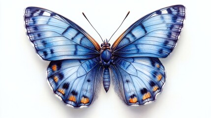 A captivating illustration of a blue butterfly with detailed wings. The butterfly is centered, its wings fully extended, showcasing intricate patterns and vibrant colors