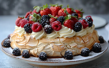Elegant pavlova topped with whipped cream and mixed berries in soft pastel tones&mdash;ideal for dessert menus, elegant food styling, and gourmet stock photography.

