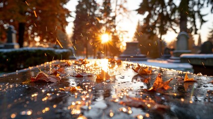 Patches of melting snow rest on a stone grave marker while colorful autumn leaves surround it, capturing the essence of seasonal change and remembrance at sunset