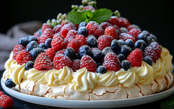 Elegant pavlova topped with whipped cream and mixed berries in soft pastel tones—ideal for dessert menus, elegant food styling, and gourmet stock photography.

