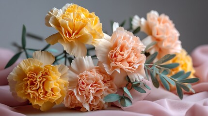A radiant composition of warm yellow and soft peach carnations, arranged in an organic design with scattered greenery, resting on a soft, pastel pink fabric, 