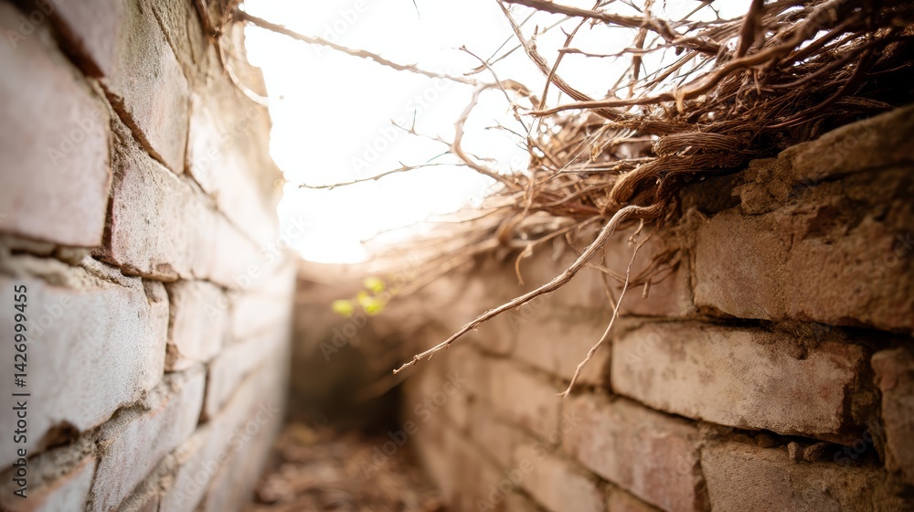 Poster twisted vines cradle a worn brick archway, their leaves softly illuminated by the gentle light of a 