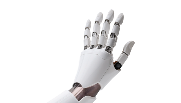 a robotic hand offering a gesture, conveying precision and technological advancement