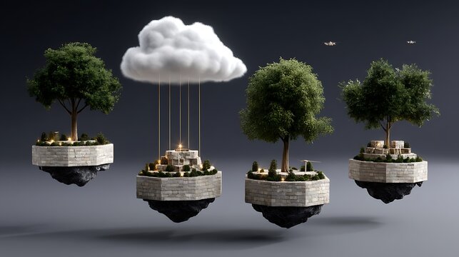 Floating islands, trees, and a cloud - Powered by Adobe