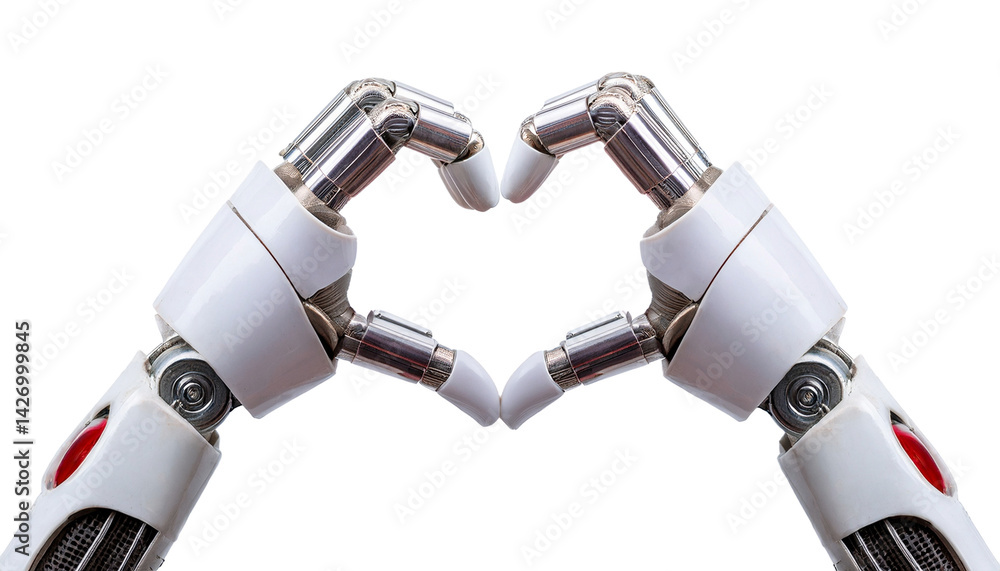 Poster robot hand gesture creating a heart shape, the image conveys themes of technology and affection