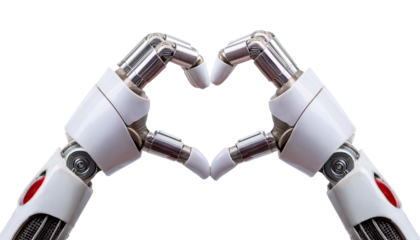 robot hand gesture creating a heart shape, the image conveys themes of technology and affection