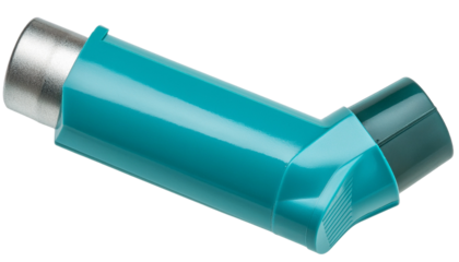 Close-up of an inhaler showing its design and features, highlighting its role in managing respiratory conditions. 