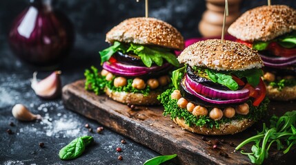 Vegan quinoa, eggplant, spinach, and chickpea burgers presented on a wooden tray.