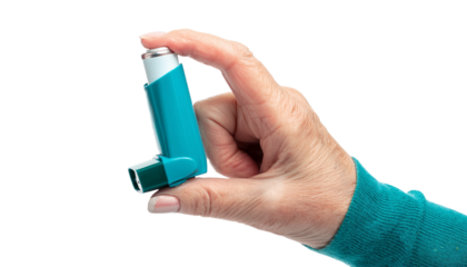 a hand holding an asthma inhaler, showcasing a medical device for respiratory health