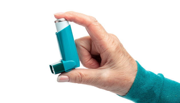 a hand holding an asthma inhaler, showcasing a medical device for respiratory health