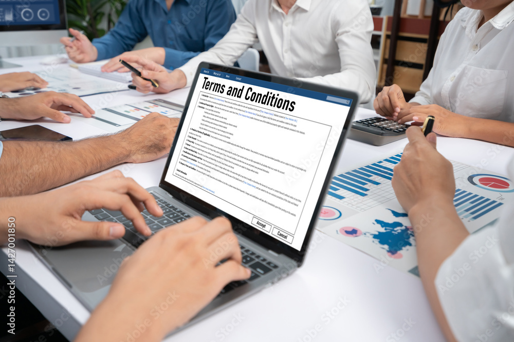 Poster digital legal contract provide terms and conditions document on computer screen ready for online dig