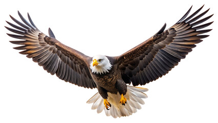 Obraz premium a spread wing bald eagle soars in the sky isolated on white background PNG. GENERATIVE AI