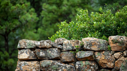 Rustic Stone Wall With Lush Green Plants