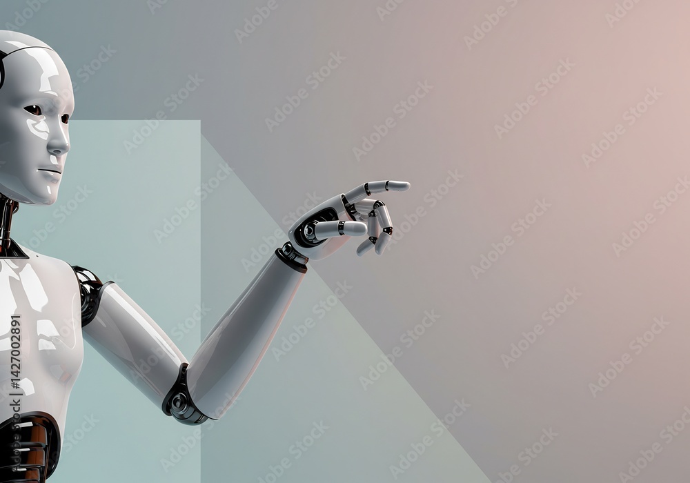 Poster a futuristic robot gracefully pointing towards an unseen direction, with a calm expression on its fa