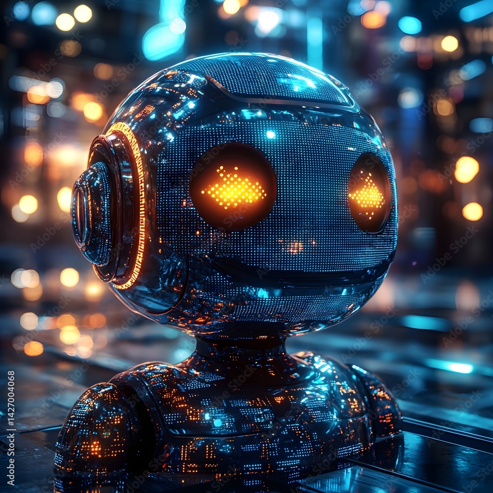 Poster futuristic digital robot chatbot on a luminous urban display
