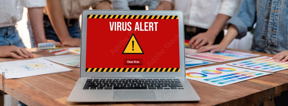 Poster Virus warning alert on computer screen detected brisk cyber threat , hacker, computer virus and malware