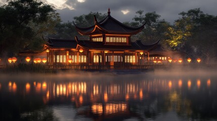 Fototapeta premium Tranquil Asian-style pavilion by a misty lake at twilight. Illuminated lanterns cast warm glow on the water