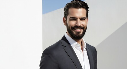 A smiling man, well-dressed in a suit, standing confidently with a beard and a charming smile