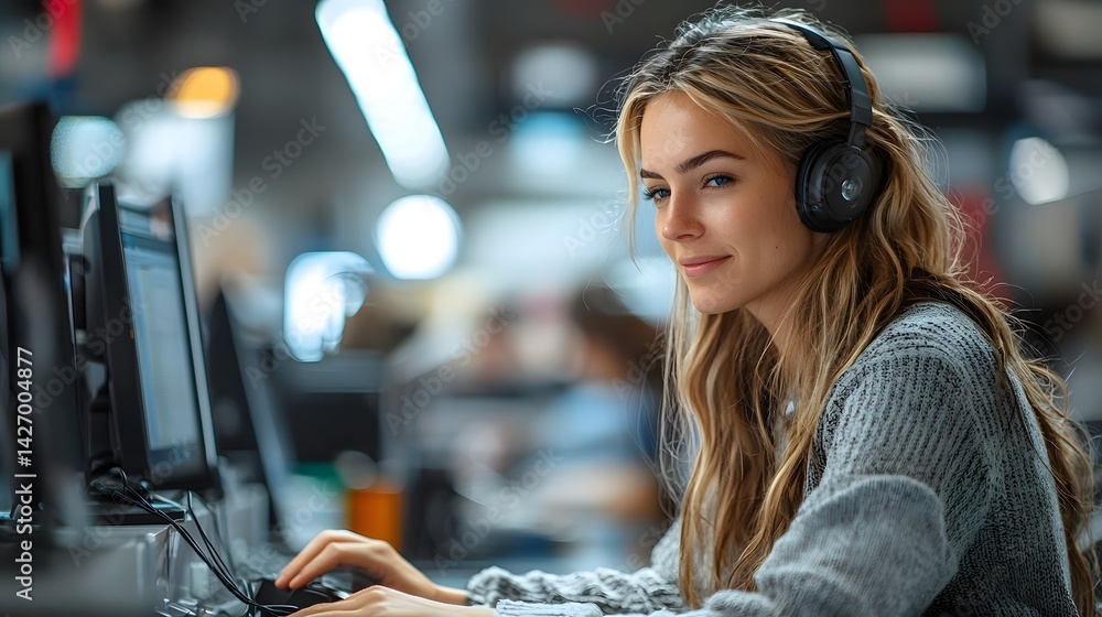 Poster a tech support agent assists a client with a device issue providing attentive care in a business set