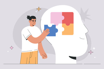 Smiling man arranging jigsaw puzzle in human head, mindfulness and mental health care concept, solving psychological problems. Abstract design, colourful flat vector illustration, isolated background