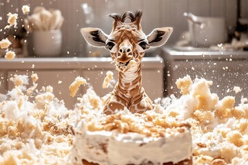 Cheeky baby giraffe causes chaos at birthday party, tossing cake and food in the kitchen under bright studio lights.