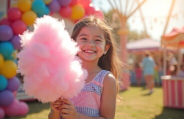 Cheerful child enjoys summer fair, holding large pink cotton candy. Smiling, surrounded by bright balloons colorful decorations. Joyful moment, childhood, sweets. Fun, celebration, holiday, festival.