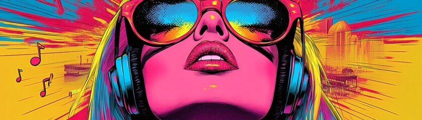 A woman in sunglasses enjoys the music and beats of her favorite songs. The woman looks serene and enjoys the melody. The woman is lost in the music, and the image evokes a sense of freedom and joy.