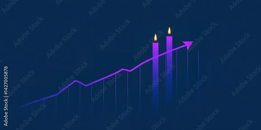 Poster a graphic representation of an ascending line graph with candle bars against a blue background