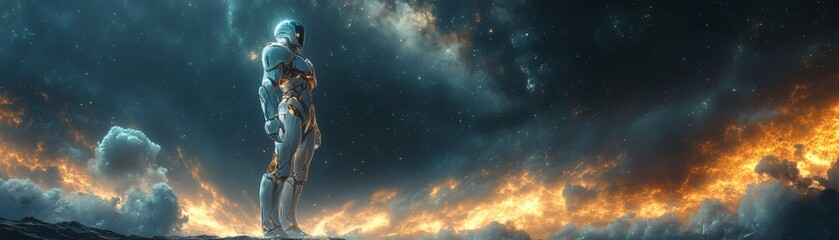 Fototapeta premium A solitary figure stands against an ethereal, dramatic sky filled with light and shadow. The person appears to be looking out, lost in thought, with a mysterious aura