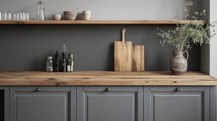 Rustic, gray kitchen cabinetry with wooden accents.