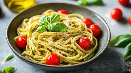 Pasta Noodles Decorated With Tomatoes and Green Basil Leaves