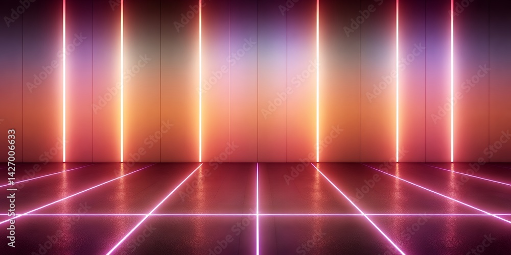 Poster abstract background with vertical neon lights and horizontal lines on a reflective floor space
