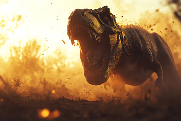 Obraz premium Tyrannosaurus Rex Roaring Loudly, Running in Dry Land, Intense Gaze, Warm Sunlit