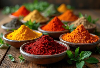 vibrant colorful spice arrangements rustic wooden table culinary art display, herb, seasoning, aroma, organic, natural, bowl, pot, turmeric, cinnamon, cumin