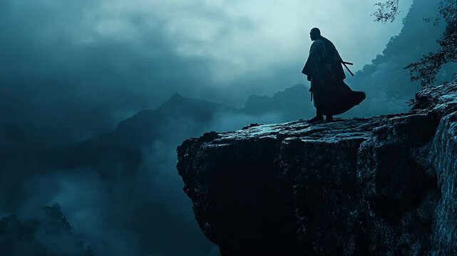 Mystic wanderer silhouette on a cliff edge, contemplating mountain range, moody skies