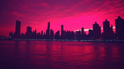 Fototapeta premium Silhouette cityscape at sunset, vibrant magenta hues.