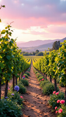 Fototapeta premium Bountiful vineyard with healthy plants under a clear sky during sunset.