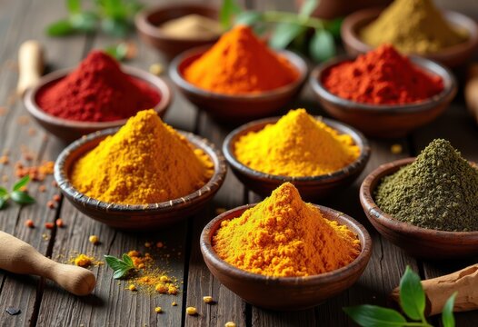 vibrant flat lay assorted spices colorful bowls culinary ingredients aroma natural texture, herb, seasoning, caraway, pepper, coriander, oregano, cumin