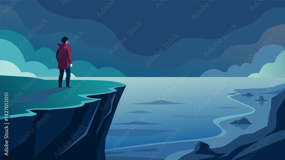Poster a person standing on the edge of a cliff looking out at a vast and turbulent ocean but remaining cal
