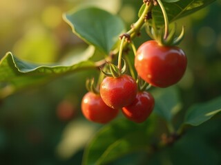 medicinal herbs and berries, traditional medicine Three red tomatoes hanging from a branch. The leaves are green and the tomatoes are ripe
